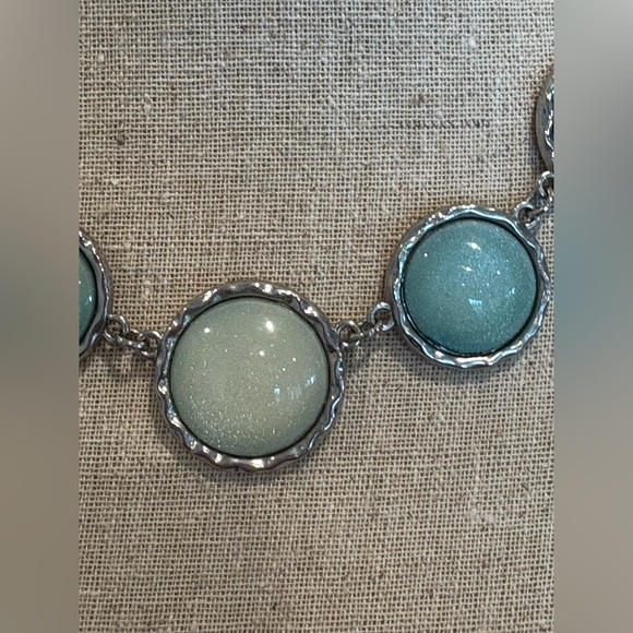 Elegant Blue, Light Green and Cream Cabochon Silver Tone Statement Necklace - Picture 2 of 6